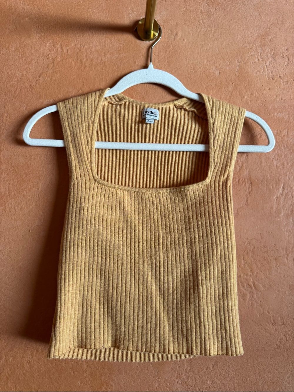Rhythm Rib Knit Square Neck Sweater Tank Top Mustard Yellow Medium